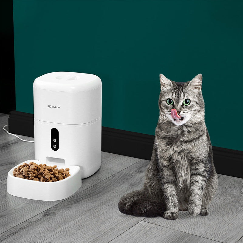Dispenser hrană animale WiFi Tellur Smart, Cameră UltraHD, 4L, Alb
