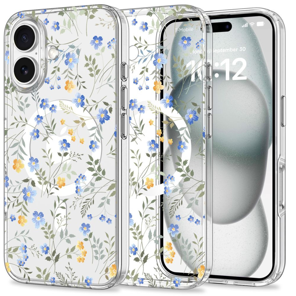 Apple iPhone 16, Műanyag hátlap védőtok + szilikon keret, Magsafe töltővel kompatibilis, tavaszi virág minta, Magmood Magsafe Spring Flowers, mintás/átlátszó (5906302311507)-0