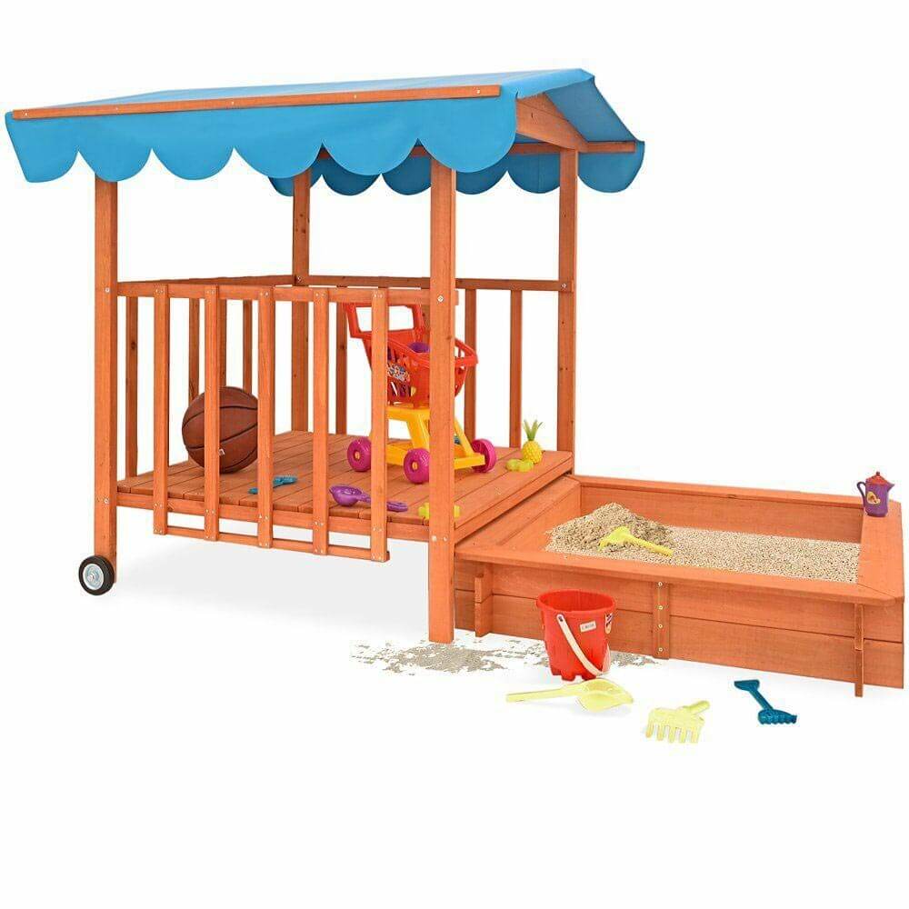 Casuta de joaca din lemn cu lada de nisip si acoperis parasolar-1