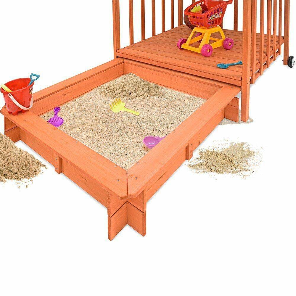 Casuta de joaca din lemn cu lada de nisip si acoperis parasolar-4