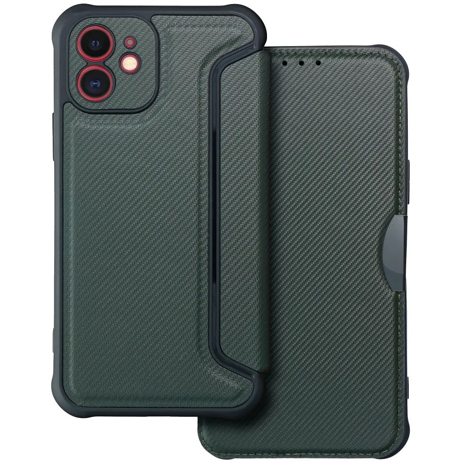 Apple iPhone 16 Plus, Oldalra nyíló tok, légpárnás sarok, bőrhatású, karbon minta, Razor Book, zöld (5903396313943)-0