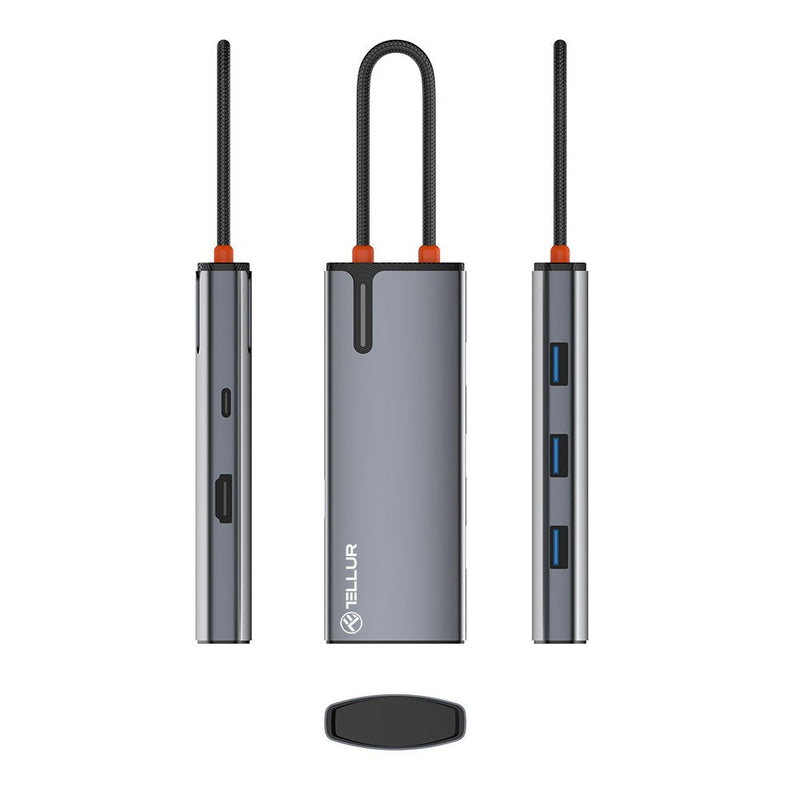 Hub USB-C Tellur, 1xPD 3.0 100W, 1xHDMI 4K, 3xUSB 3.0, aluminiu gri