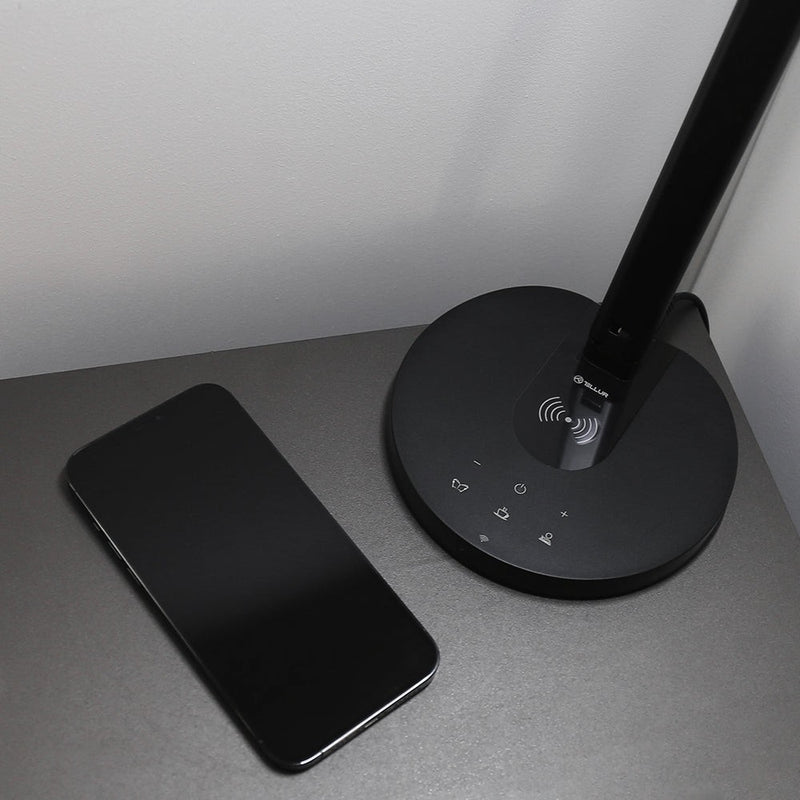 Lampă de birou WiFi Tellur Smart, 12W, lumină albă, caldă, Qi 10W, USB 10W, reglabilă, alb