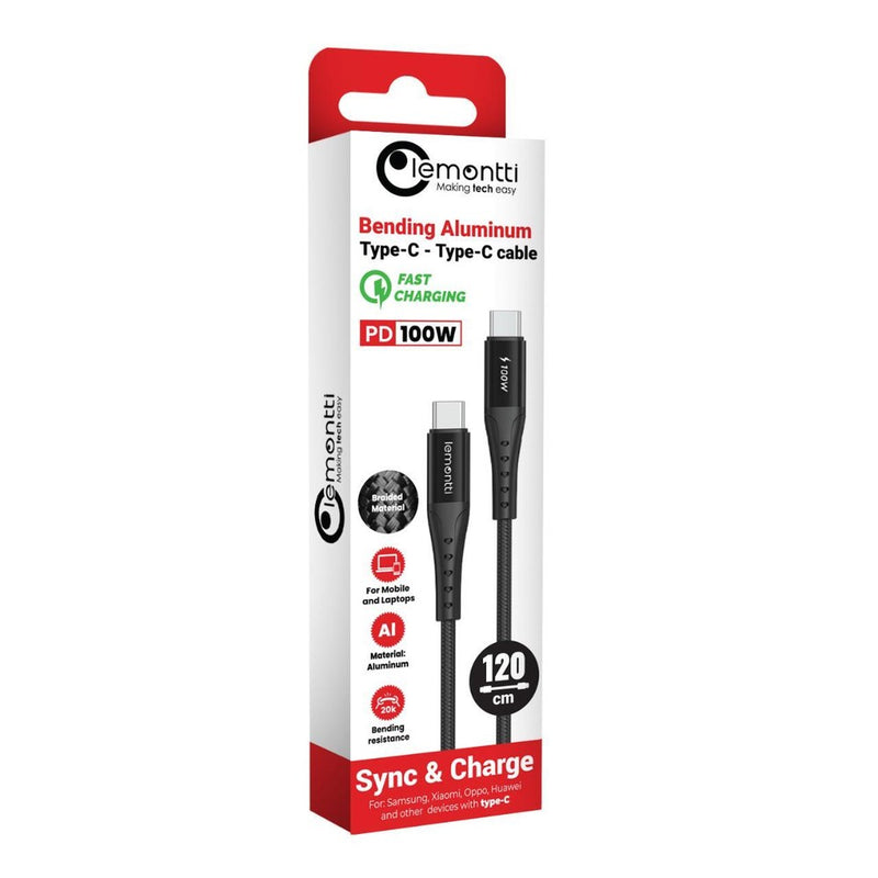 Lemontti Cablu Bending Aluminum Super Fast Charge Type-C la Type-C, PD 100W, 1.2m, Negru