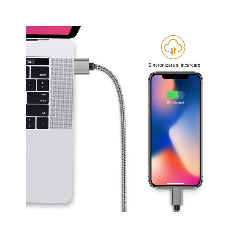 Lemontti Cablu Bending Aluminum USB-A la Lightning MFI, 1.5m, Gri