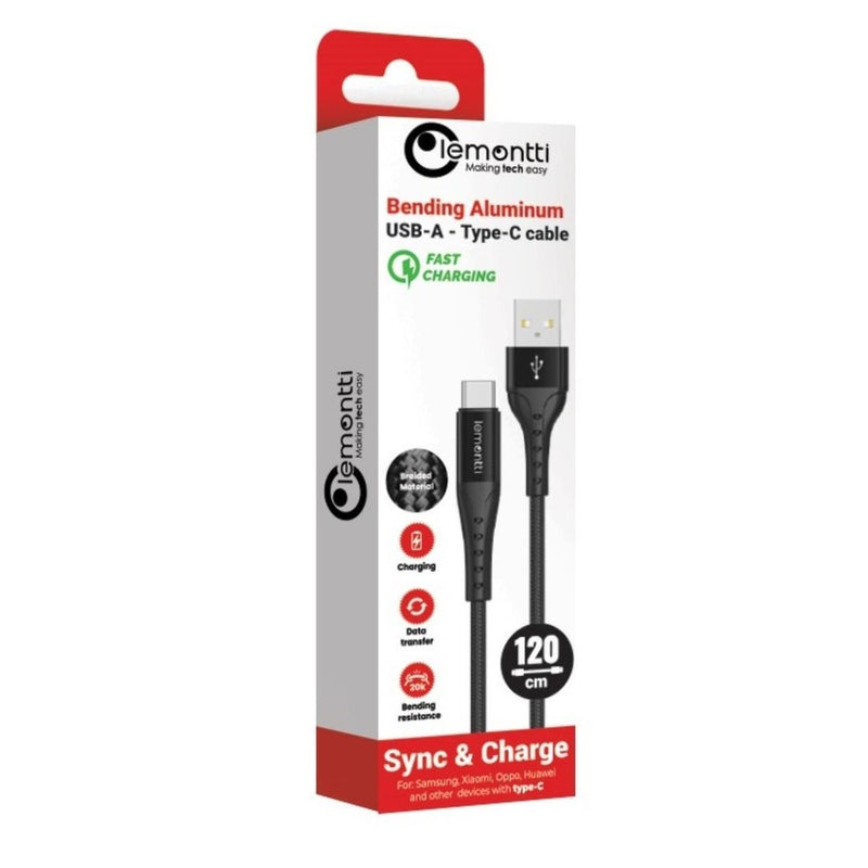 Lemontti Cablu Bending Aluminum USB-A la Type-C, Fast Charge, 1.2m, Negru