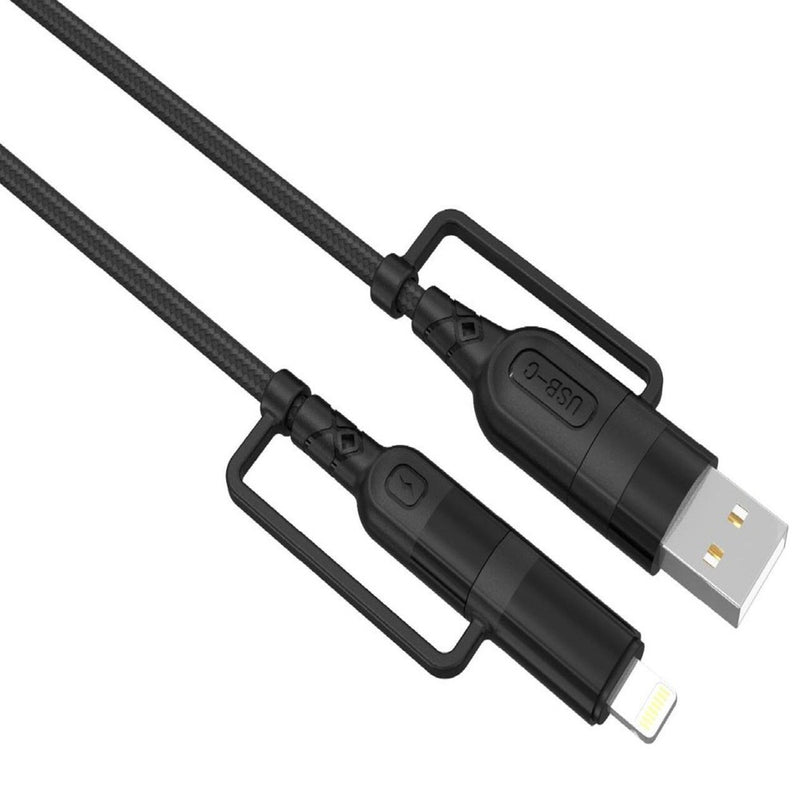 Lemontti Cablu Multi connector 4 in 1, USB-A & Type-C la Type-C & Lightning, PD 60W, 1.2m, Negru