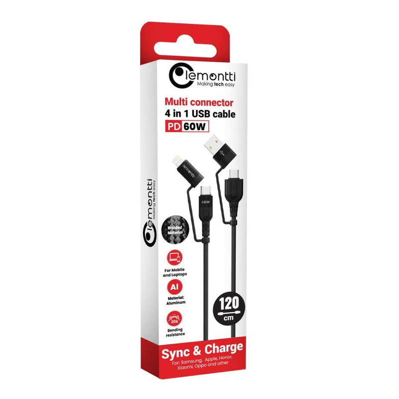 Lemontti Cablu Multi connector 4 in 1, USB-A & Type-C la Type-C & Lightning, PD 60W, 1.2m, Negru