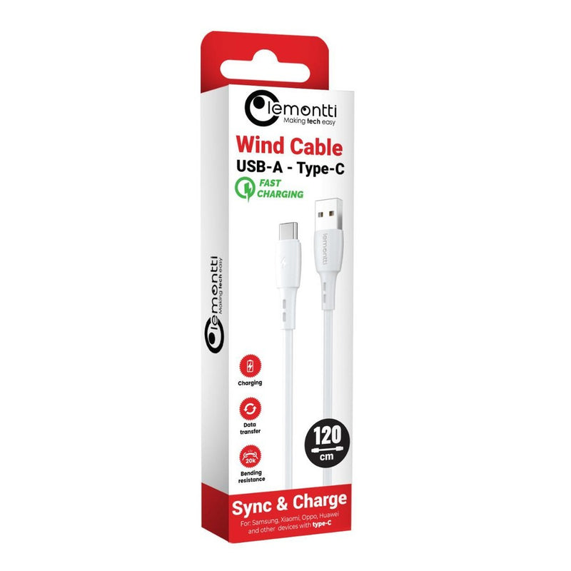 Lemontti Cablu Wind Fast Charge USB-A la Type-C, 1.2m, Alb