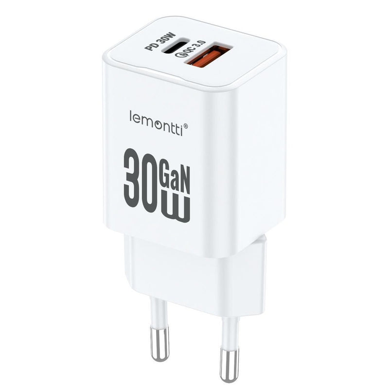 Lemontti Incarcator Retea GaN Dual Port 1x Type-C si 1x USB-A, 30W, EU Plug, Alb