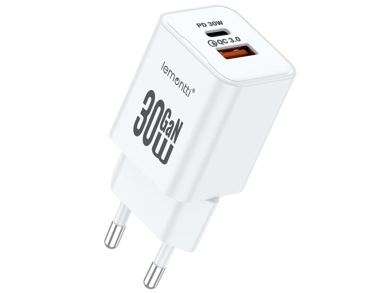 Lemontti Incarcator Retea GaN Dual Port 1x Type-C si 1x USB-A, 30W, EU Plug, Alb