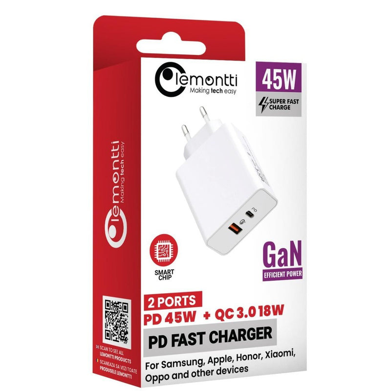 Lemontti Incarcator Retea GaN Fast Charge 45W 1 x PD Type-C + 1 x USB-A Quick Charge 3.0 Alb