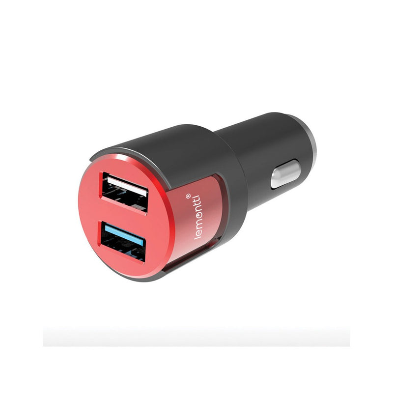 Lemontti Set Incarcator Auto Fast Charge 3.1A 2 porturi USB-A QC 3.0 + USB-A si cablu MicroUSB 1m Negru-Rosu