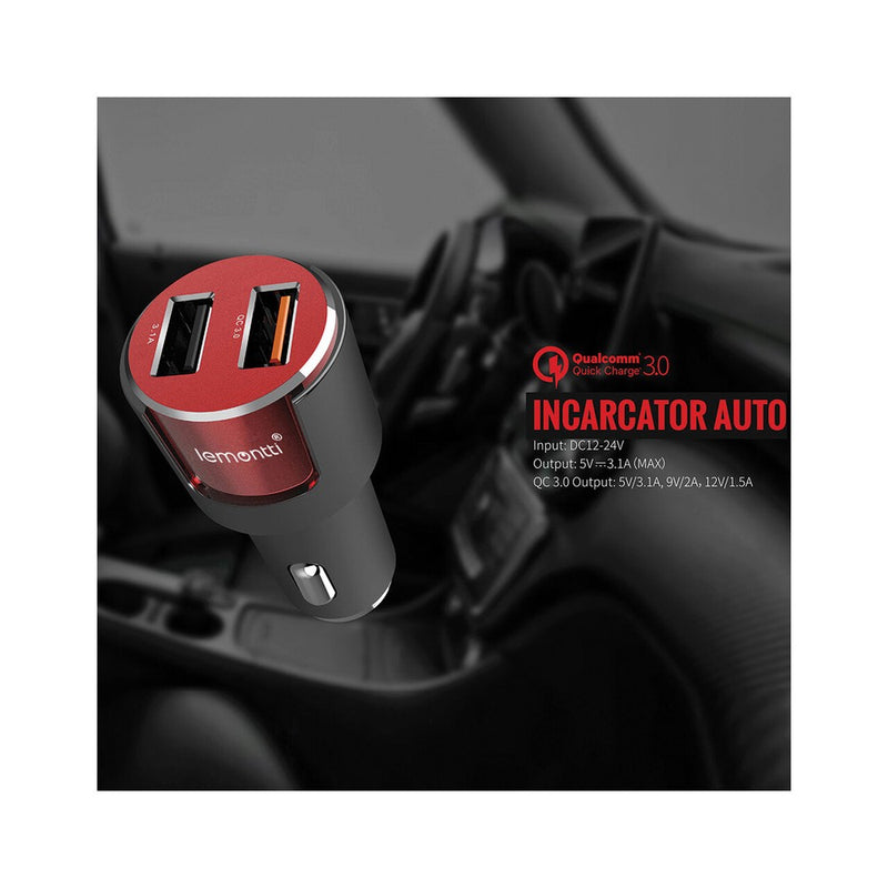 Lemontti Set Incarcator Auto Fast Charge 3.1A 2 porturi USB-A QC 3.0 + USB-A si cablu MicroUSB 1m Negru-Rosu