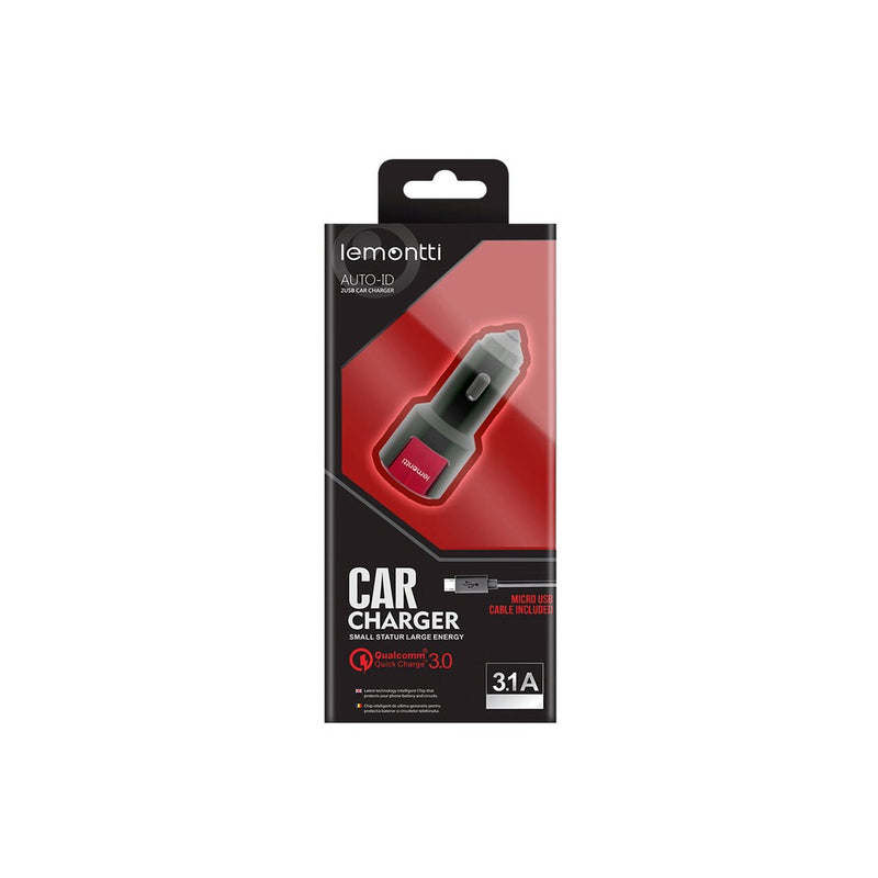 Lemontti Set Incarcator Auto Fast Charge 3.1A 2 porturi USB-A QC 3.0 + USB-A si cablu MicroUSB 1m Negru-Rosu