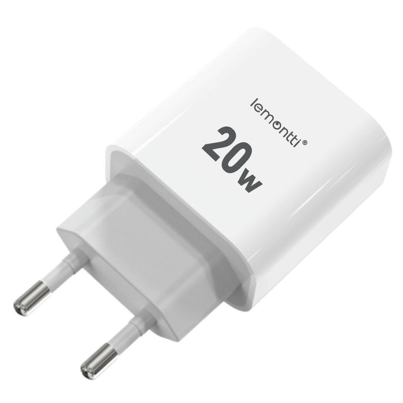 Lemontti Set Incarcator Retea Fast Charge 20W 1 x PD Type-C + 1 x USB-A Quick Charge 3.0 si cablu Type-C-Type-C 20W 1m Alb