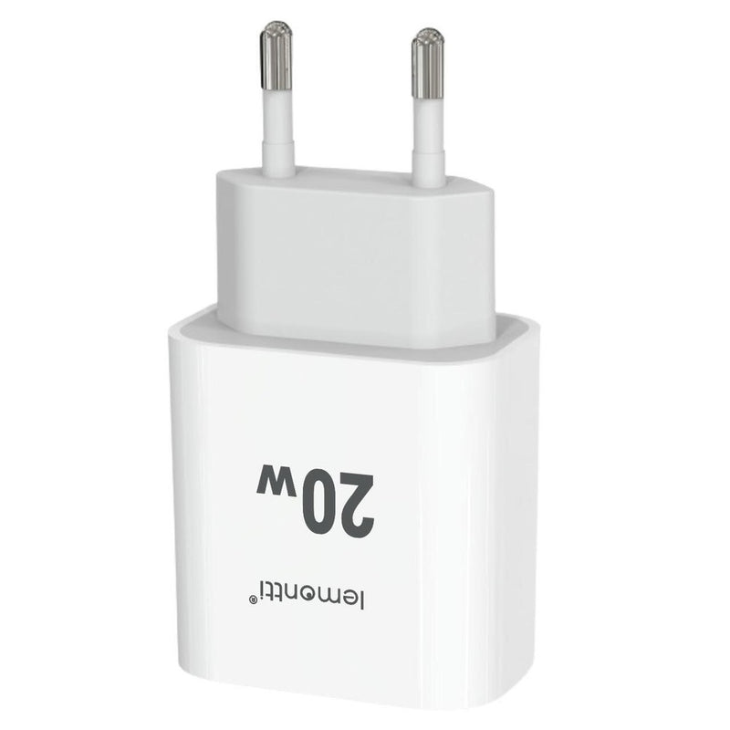 Lemontti Set Incarcator Retea Fast Charge 20W 1 x PD Type-C + 1 x USB-A Quick Charge 3.0 si cablu Type-C-Type-C 20W 1m Alb