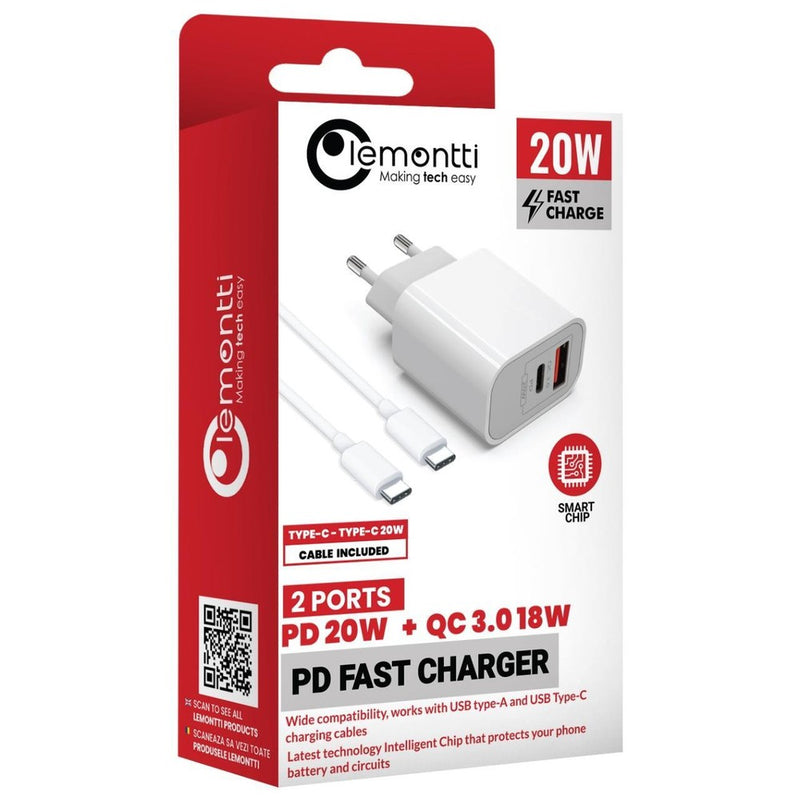 Lemontti Set Incarcator Retea Fast Charge 20W 1 x PD Type-C + 1 x USB-A Quick Charge 3.0 si cablu Type-C-Type-C 20W 1m Alb