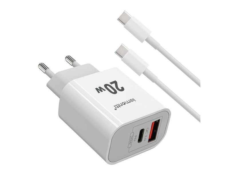 Lemontti Set Incarcator Retea Fast Charge 20W 1 x PD Type-C + 1 x USB-A Quick Charge 3.0 si cablu Type-C-Type-C 20W 1m Alb