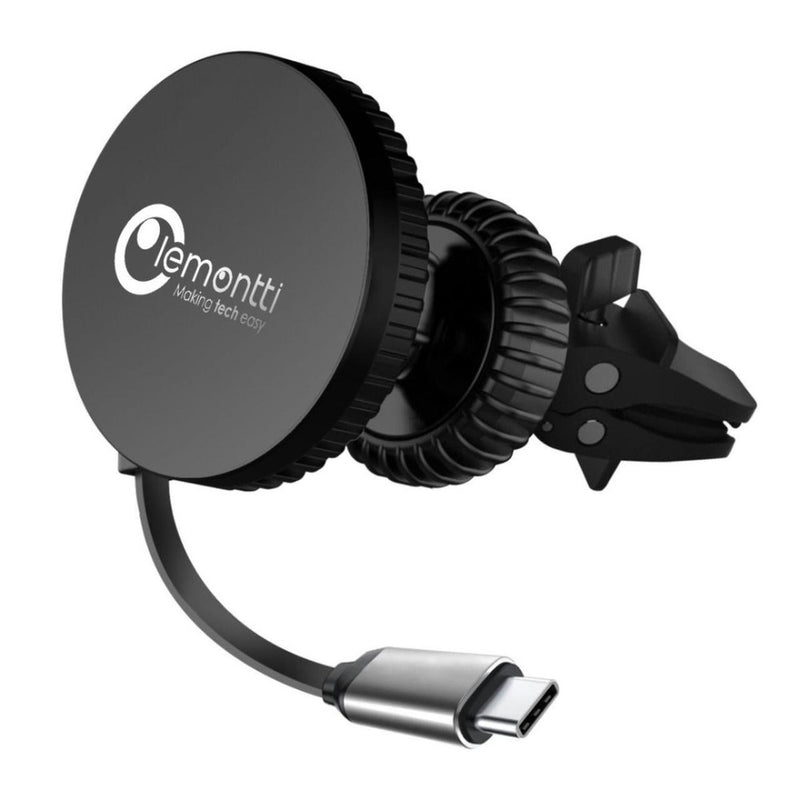 Lemontti Suport Auto MagSafe Magnetic cu Incarcare wireless si cablu retractabil Type-C 1m, prindere ventilatie, Negru