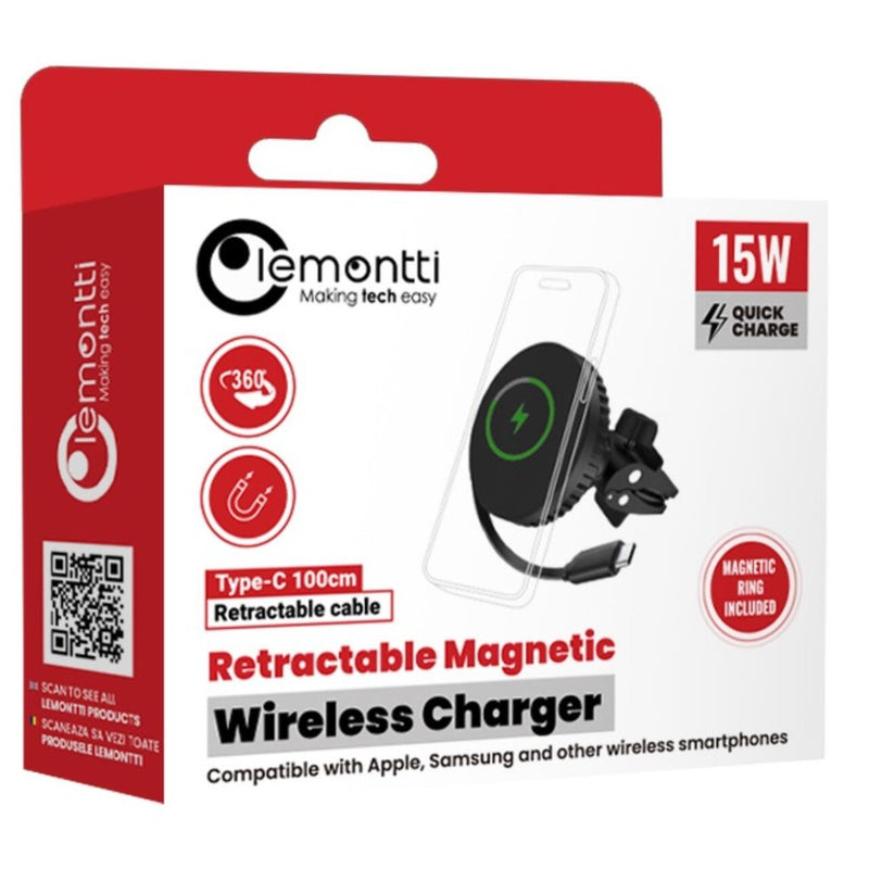 Lemontti Suport Auto MagSafe Magnetic cu Incarcare wireless si cablu retractabil Type-C 1m, prindere ventilatie, Negru