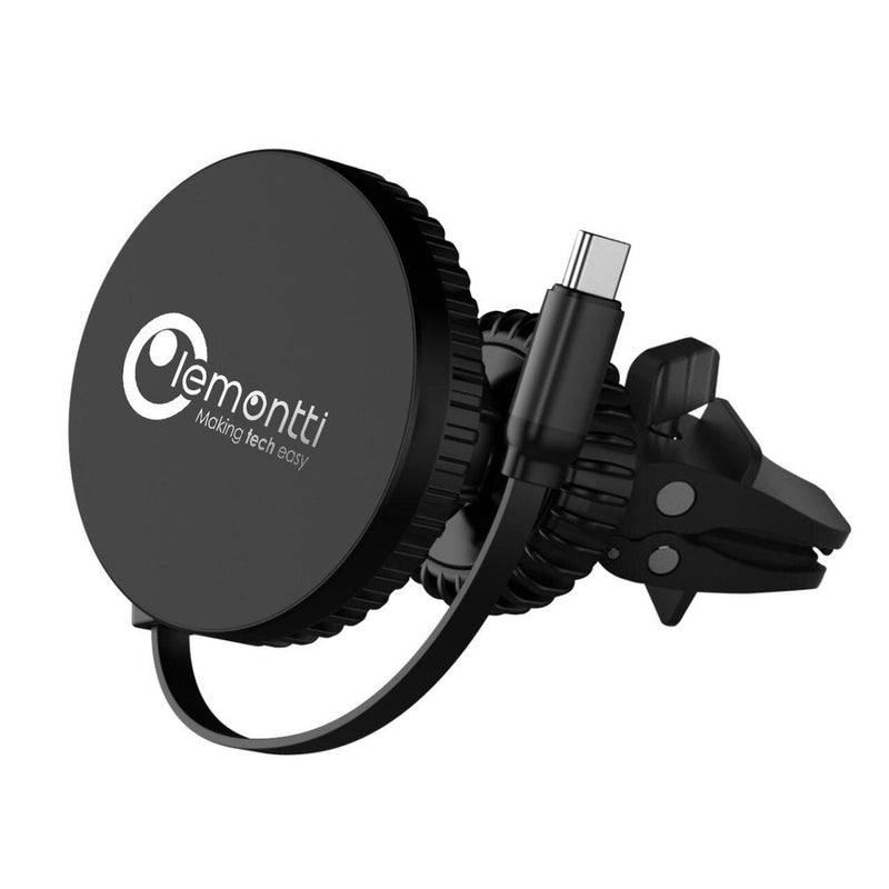 Lemontti Suport Auto MagSafe Magnetic cu Incarcare wireless si cablu retractabil Type-C 1m, prindere ventilatie, Negru