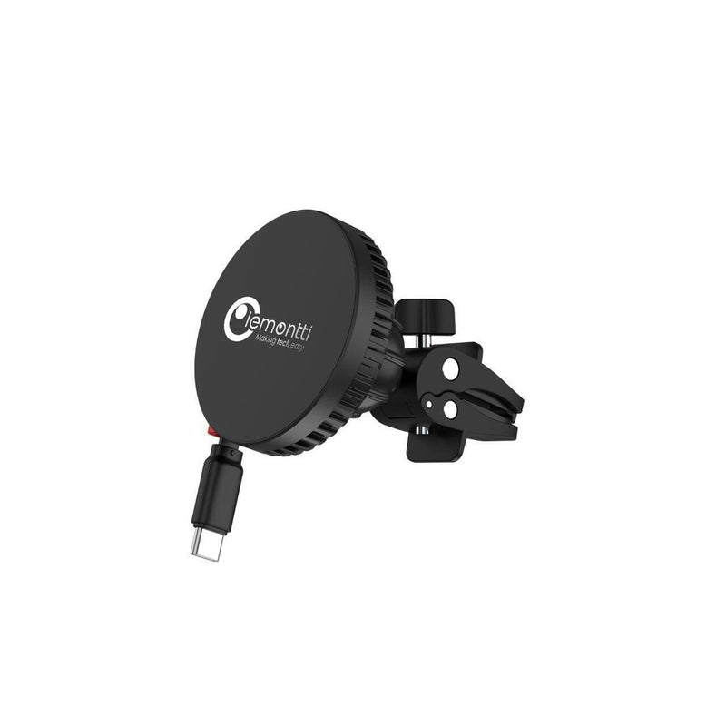 Lemontti Suport Auto MagSafe Magnetic cu Incarcare wireless si cablu retractabil Type-C 1m, prindere ventilatie, Negru