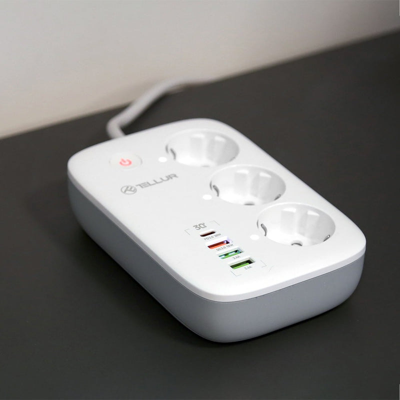 Prelungitor WiFi Tellur Smart, 3 porturi, PD30W, QC18W, 2xUSB 2.4A, 2500W, 10A, 2m