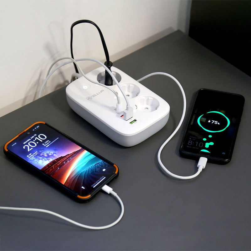 Prelungitor WiFi Tellur Smart, 3 porturi, PD30W, QC18W, 2xUSB 2.4A, 2500W, 10A, 2m
