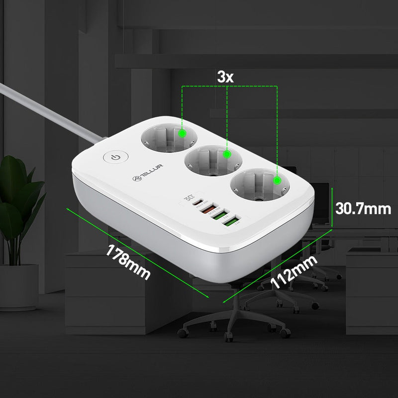 Prelungitor WiFi Tellur Smart, 3 porturi, PD30W, QC18W, 2xUSB 2.4A, 2500W, 10A, 2m
