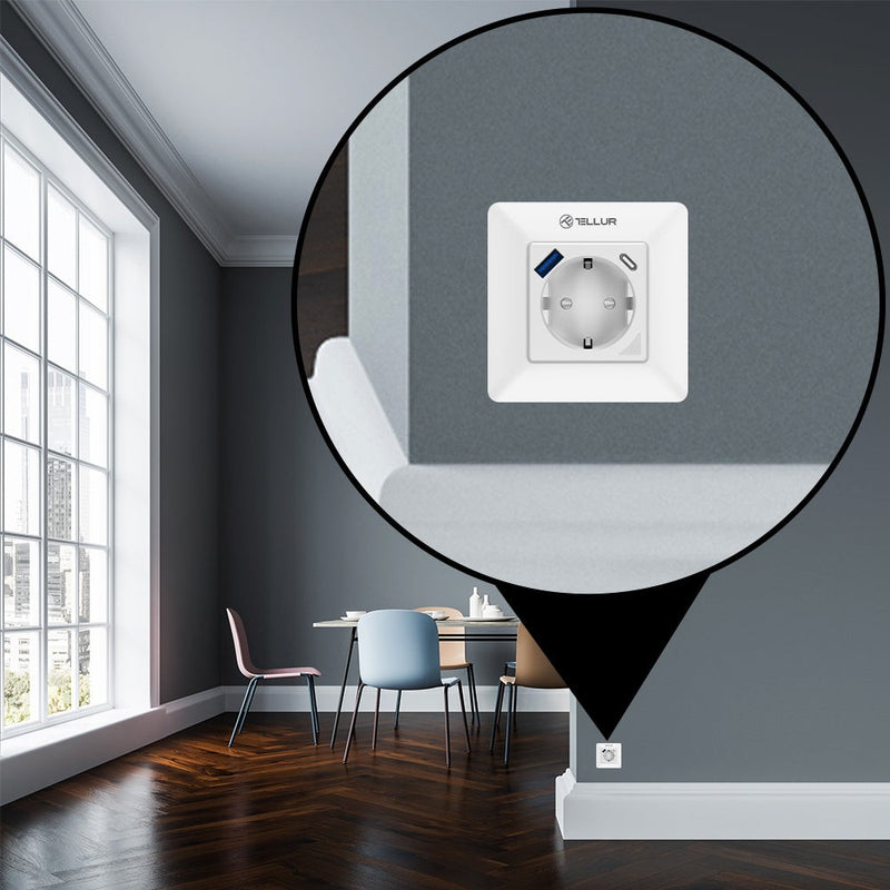 Priză de perete WiFi Tellur Smart, 3600W, 16A, PD20W, USB 18W, monitorizare consum, alb