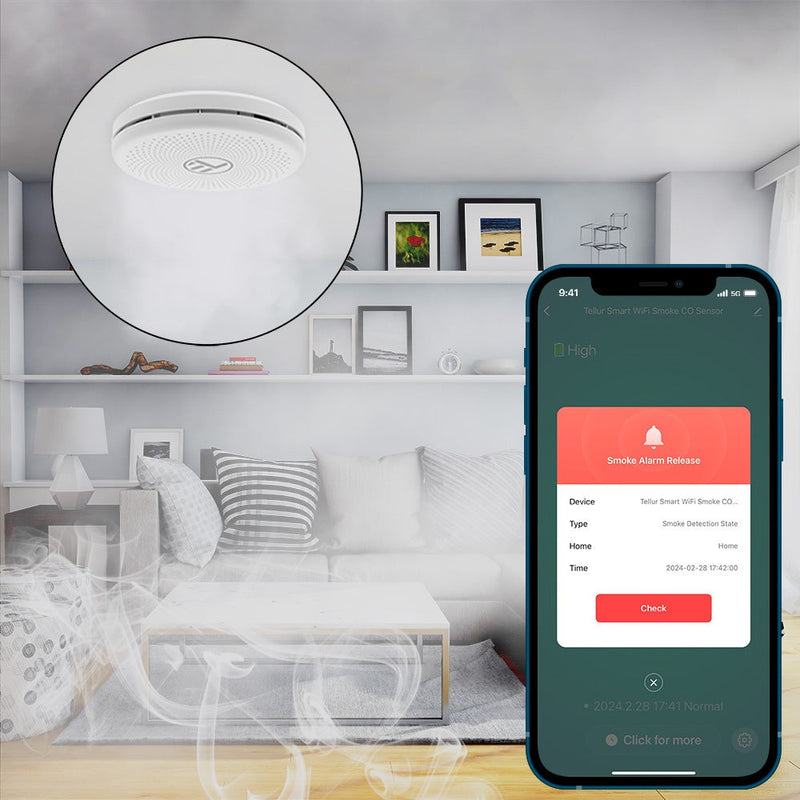 Senzor de fum și CO WiFi Tellur Smart, AA, alb