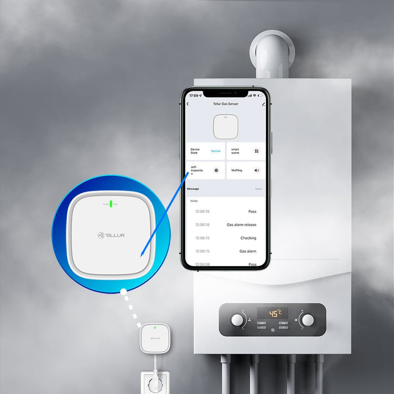 Senzor de gaz WiFi Tellur Smart, DC12V 1A, Alb